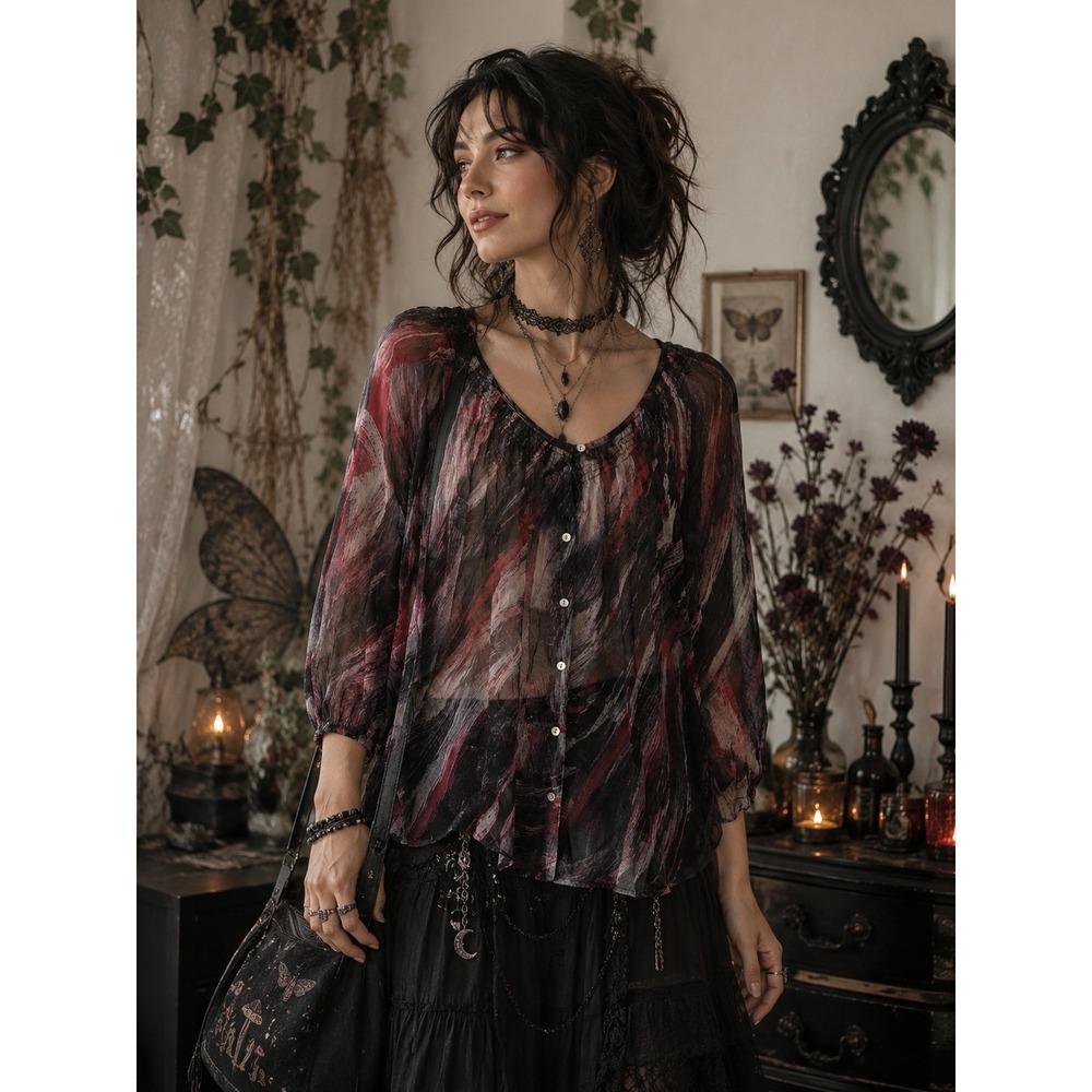 Whimsigoth Fairygrunge Dark Boho Y2K 90s Red Black Semi Sheer Rayon M Top‎